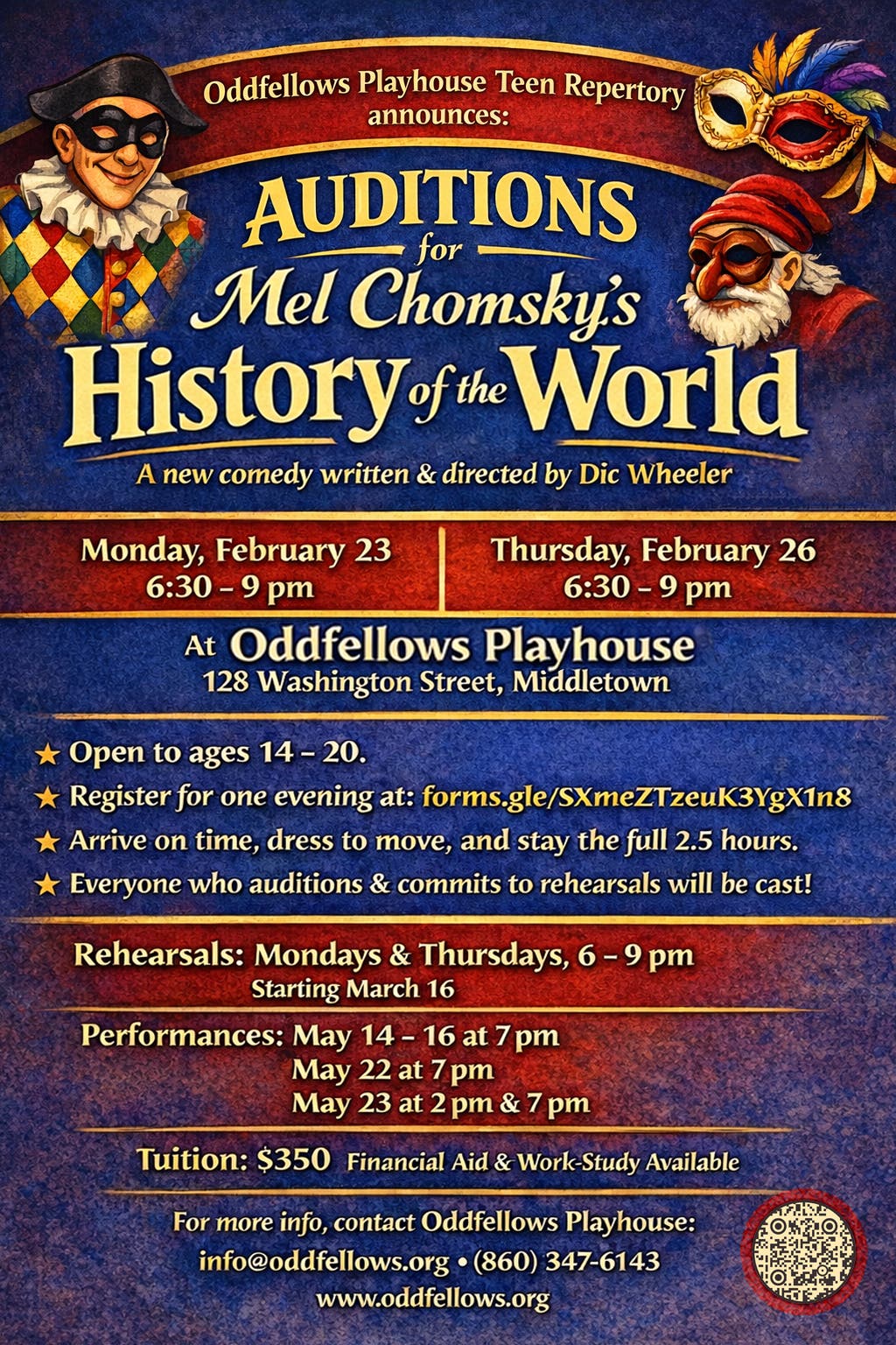 Auditions for Mel Chomsky's History of the World, A new comedy written and directed by Dic Wheeler