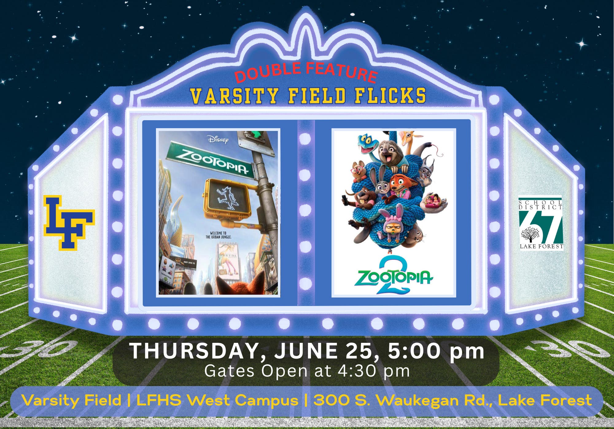 Varsity Field Flicks Community Movie Night - Zootopia Double Feature
