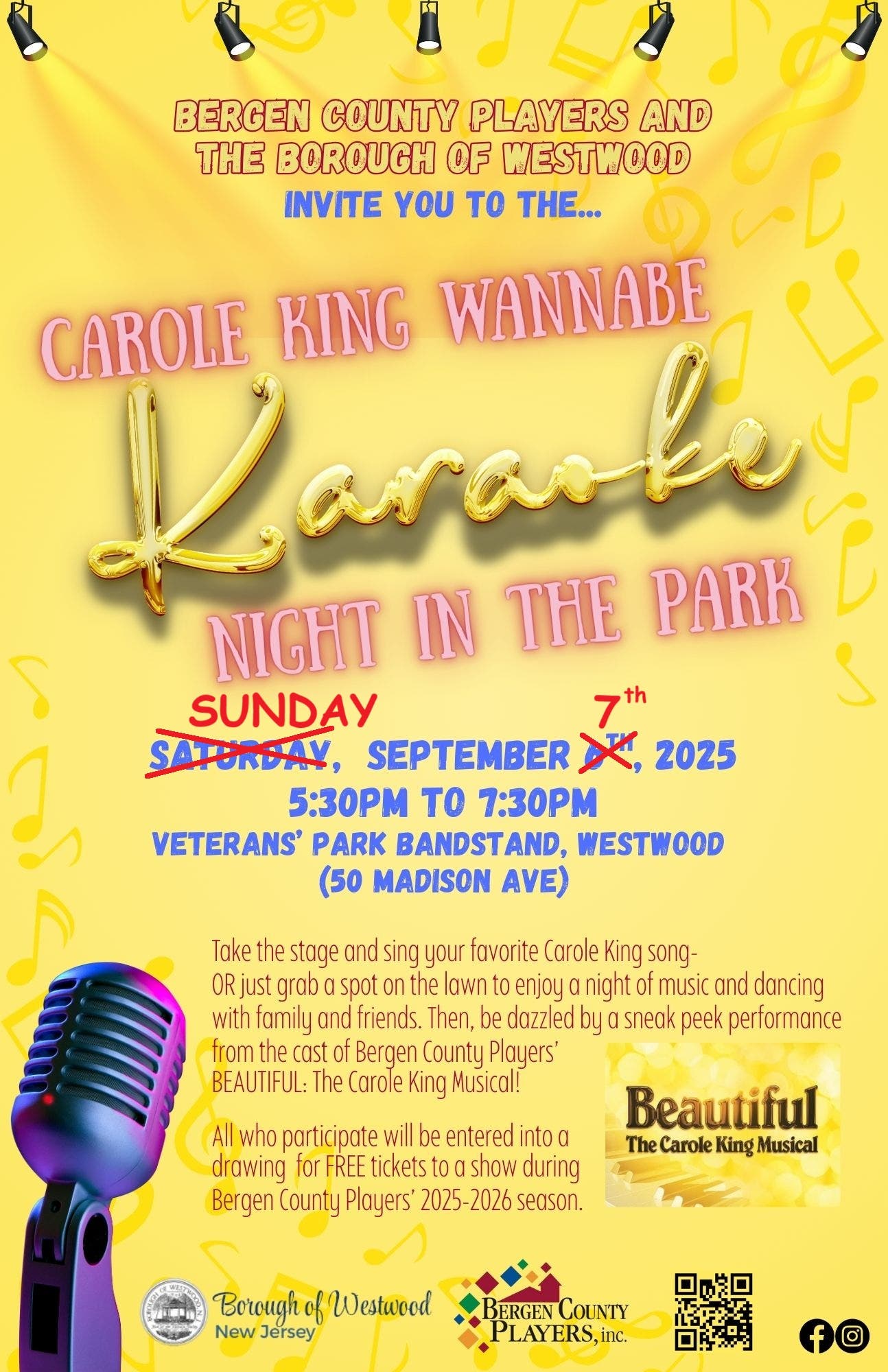Bergen County Players & Borough of Westwood Present "Carole King Wannabe Karaoke Night in the Park"