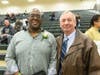 Hall of Fame inductee Harvie Herrington, left, and his former Moraine Valley football Head Coach Bill Barz.