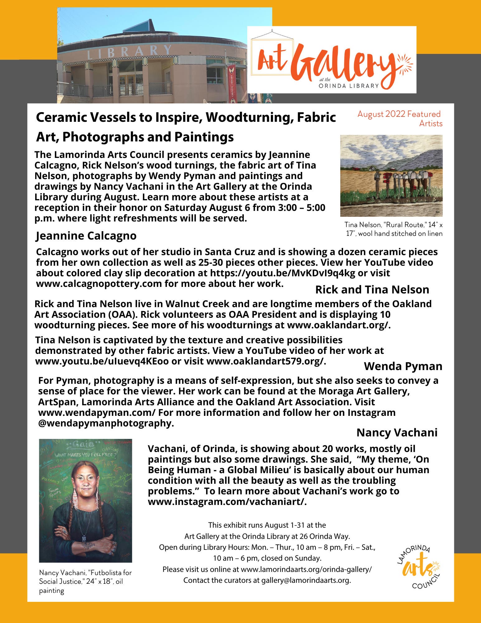 Aug 6 | Art Gallery Orinda Library Reception: Ceramics, Woodturnings,  Fabric Art, Photographs+Paintings | Lamorinda, CA Patch