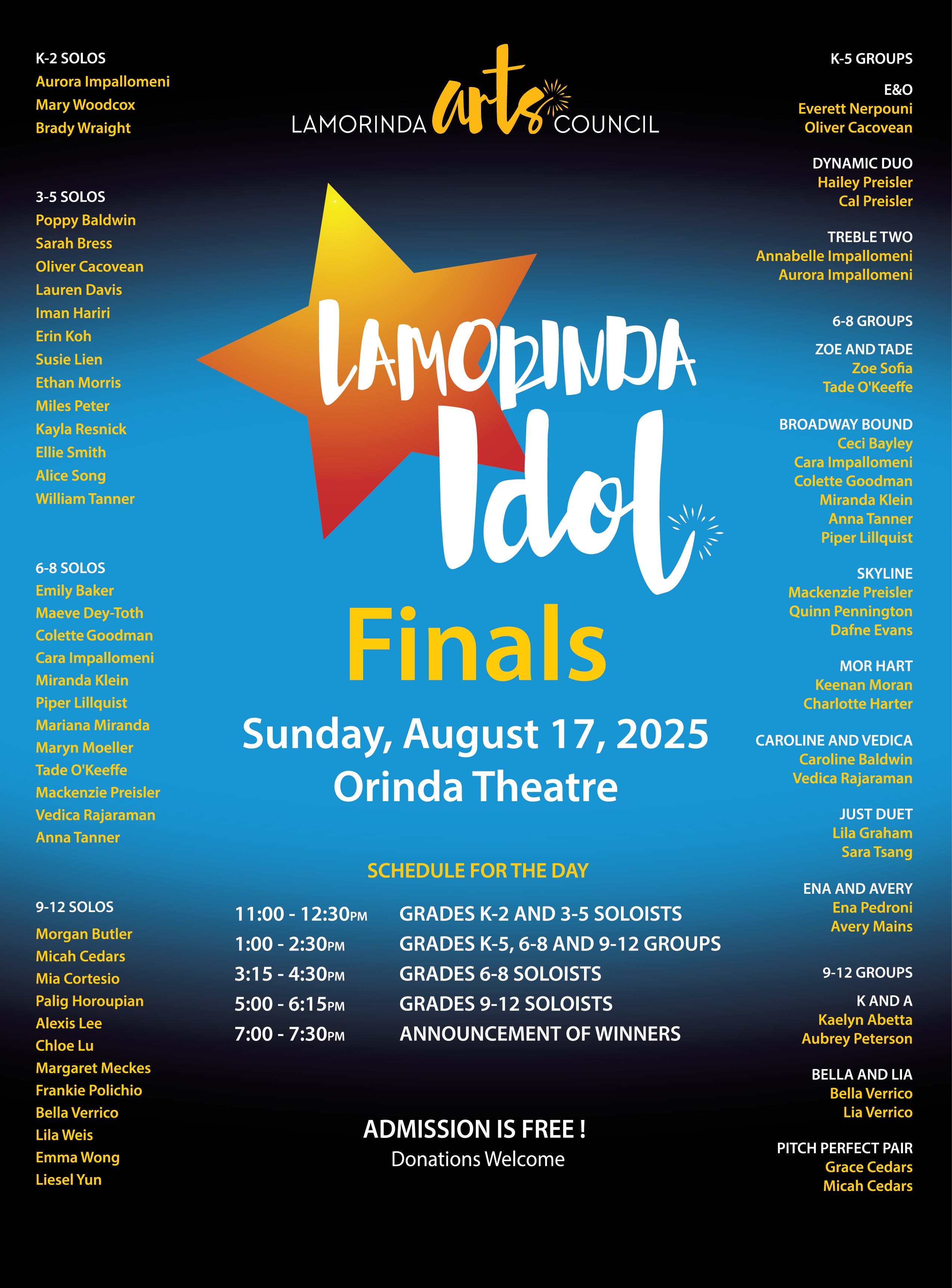 Lamorinda Idol Finals – August 17, Orinda Theatre 11 a.m. – 7:30 p.m.