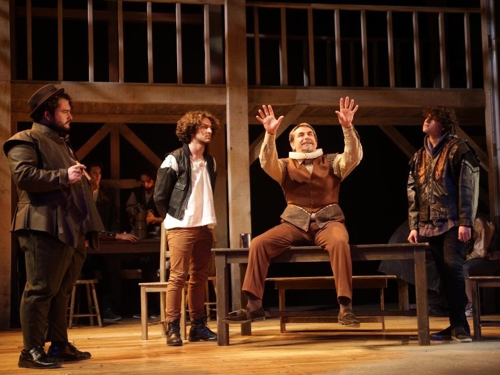 Matthew Antoci (Fennyman), Neil Callahan (Lambert), Anthony Cochrane* (Henslowe) and Alex Kosciuszek (Nol) in SHAKESPEARE IN LOVE onstage at Connecticut Repertory Theatre November 21 through December 8.  Tickets and info at crt.uconn.edu or 860-486-2113