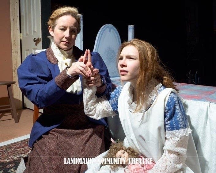 (from left) Sybil Haggard Chamberlin and Bobbie Celine Doherty in Landmark Community Theatre's HE MIRACLE WORKER