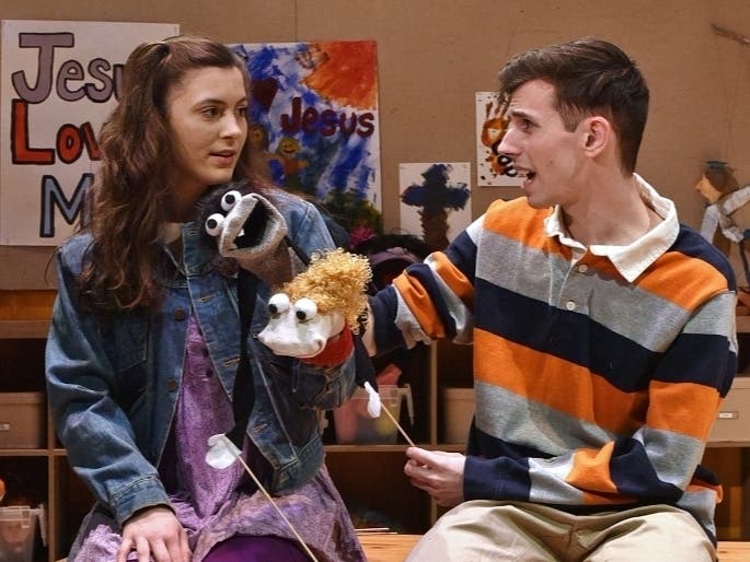 (l-r): Jamie Leo, of Southbury, and Will Stewich, of Shrewsbury, Massachusetts, in a scene from the Western Connecticut State University production of “Hand to God.”