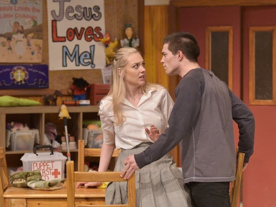 Kelsey Lepesko as Margery with Zach Brown as Timmy in HAND TO GOD