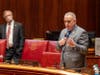  State Senator Eric Berthel (at right) speaks on Monday