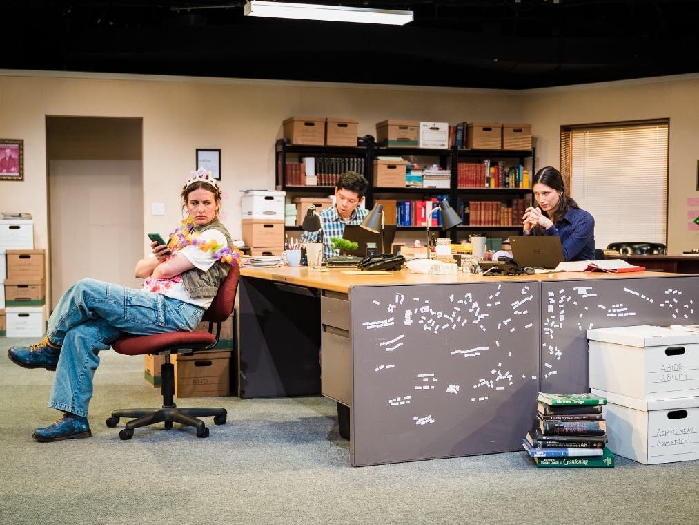 (from left) Isabel Monk Cade, HanJie Chow and Mia Wurgaft in a scene from "Webster's Bitch"  Set and lighting design by Johann Fiztpatrick
