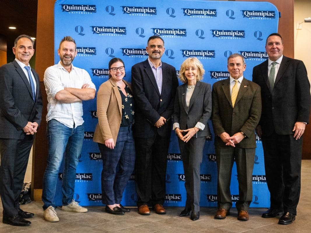 State Rep. Dave Yaccarino, left, State Rep. Josh Elliott, Hamden Mayor Lauren Garrett, Hammad Chaudhry, senior manager of conservation and load management at Avangrid, Quinnipiac   President Judy Olian, North Haven First Selectman Mike Freda & Erik Robie