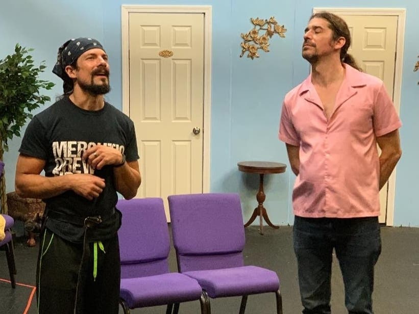Rehearsal photo of "Pocket Shakespeare" at Phoenix Stage Company with Rob Richnavsky (at left) and Chris Guertin