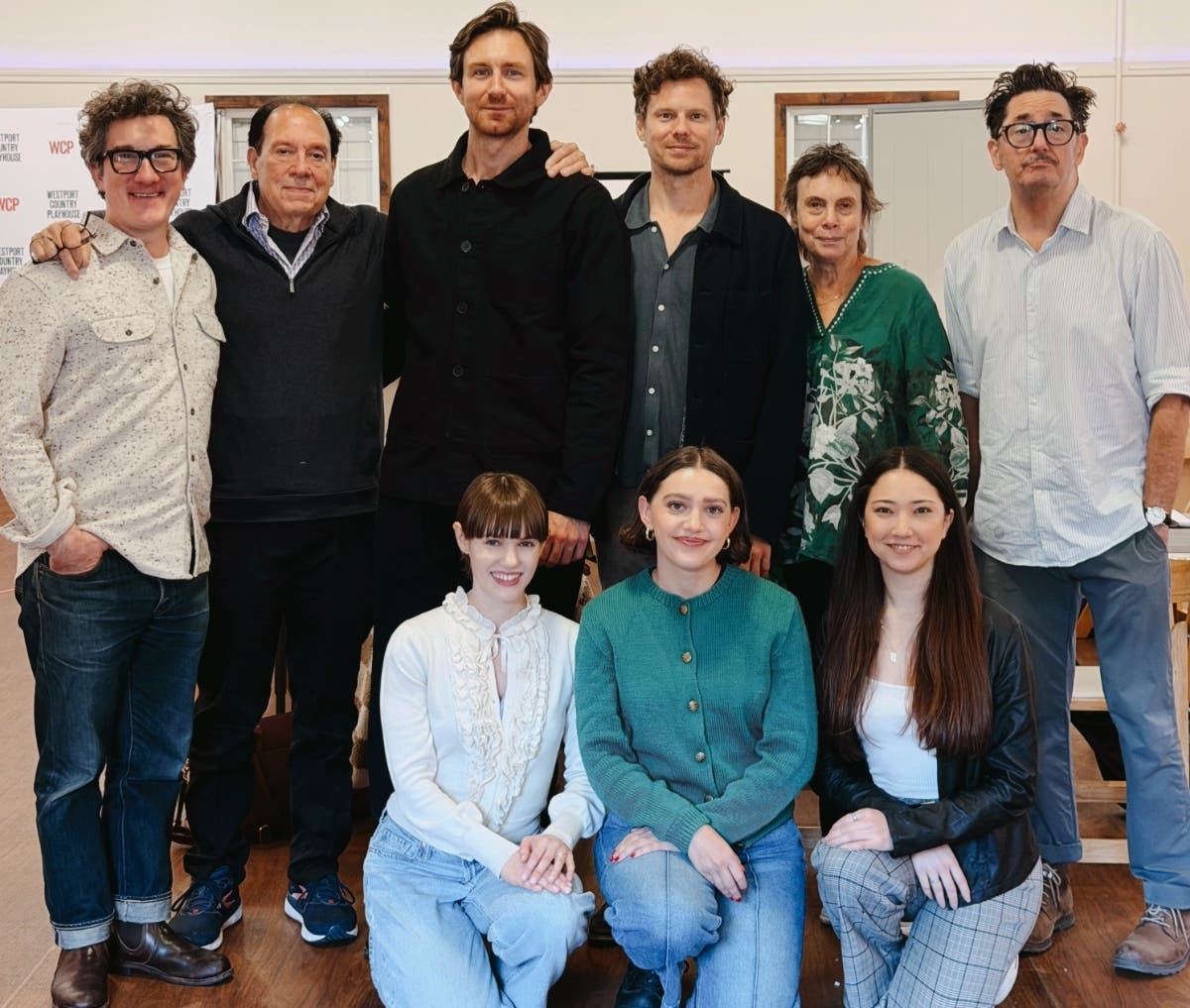L-R, lower row, Allison Wick, Lucy Austin, Delphi Borich; standing, Carson Elrod, Ken Ludwig (playwright), Mathias Goldstein, Tony Roach, Emily Mann, Reg Rogers