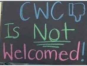 Sign at protest against CWC's co-location plans.