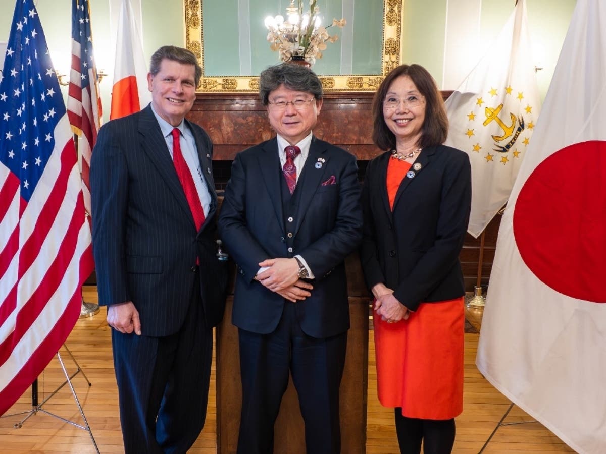 From left, House Speaker Pro Tempore Brian Patrick Kennedy, Consul General Seiichiro Takahashi and state Sen. Linda L. Ujifusa at a Japan Day reception at the State House Tuesday.