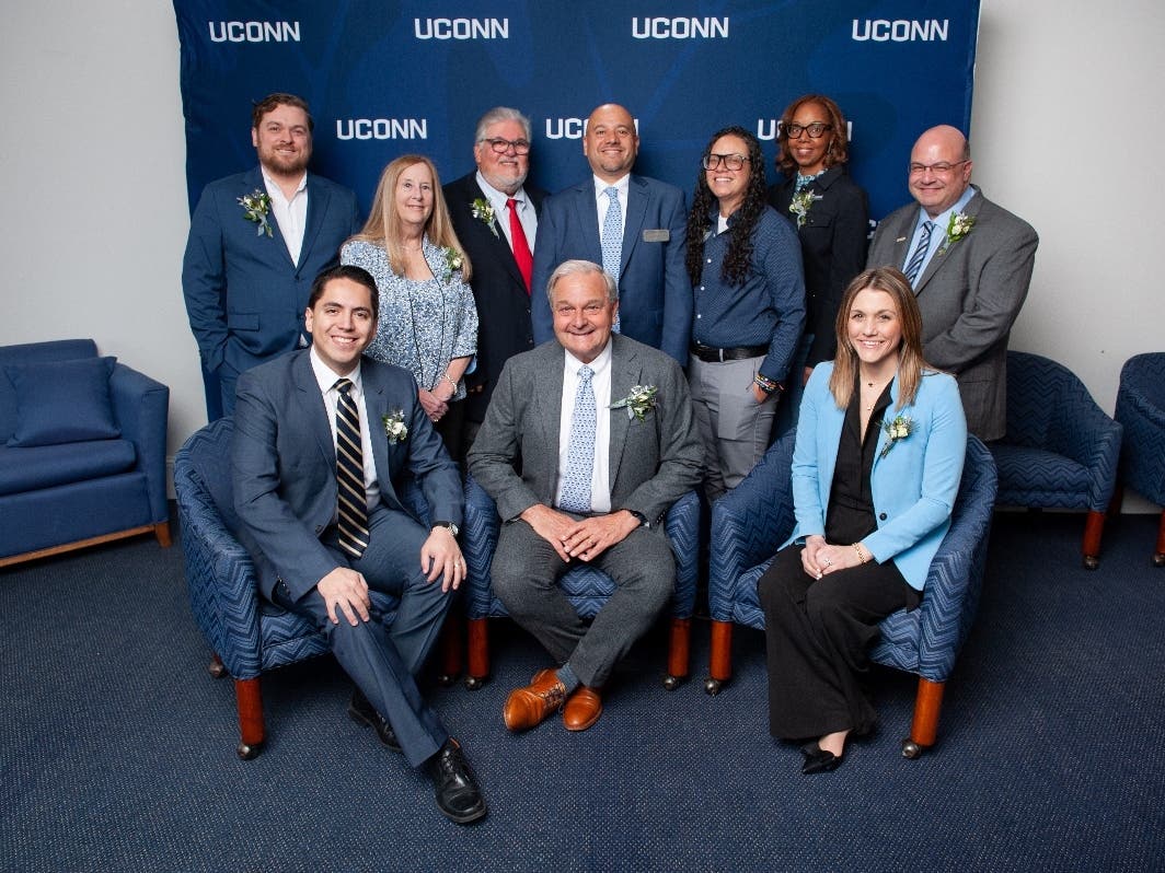 Photo caption: Front row - Andrew Alexi Almazán Anaya ’18 MA, Outstanding Early Career Professional; Richard L. Schwab ’79 MA, ’81 Ph.D., Distinguished Alumnus; Emily B. Gomes ’06 (ED), ’07 MA, Outstanding School Administrator; back row – Matthew Bowers, 