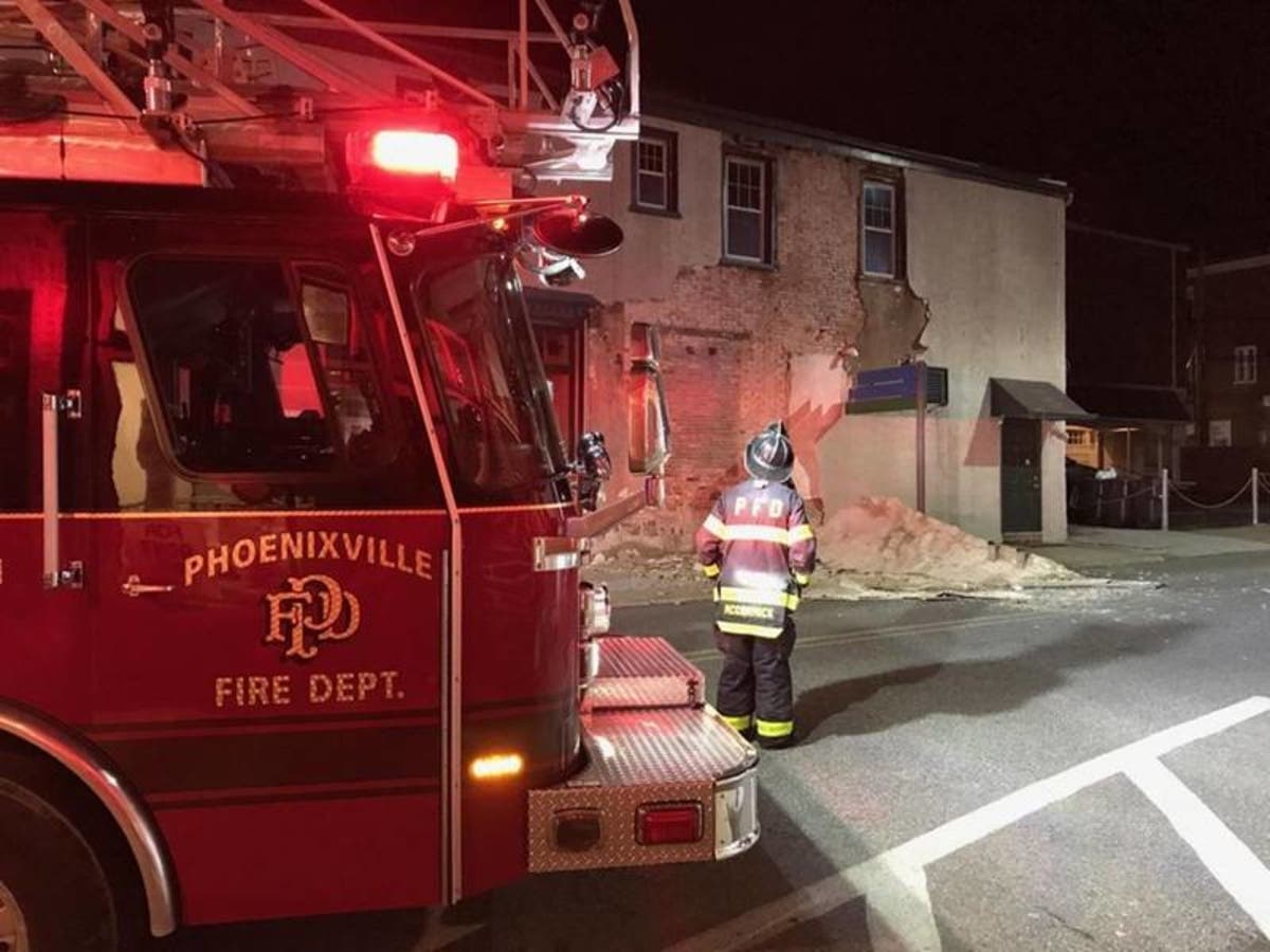 Fire Dept. on the scene of a wall collapse in Phoenixville due to the high winds. 