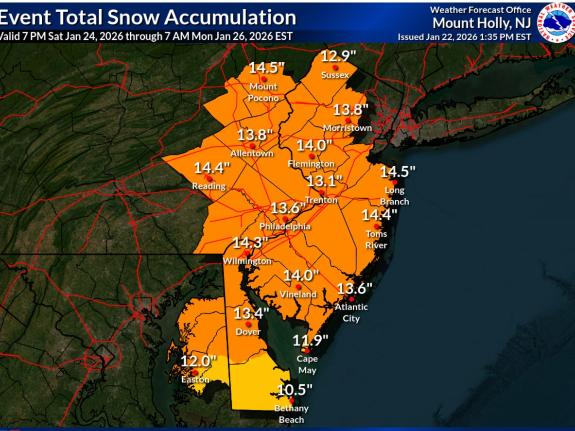 Snowfall estimates for weekend storm as of Thursday afternoon, according to the NWS.