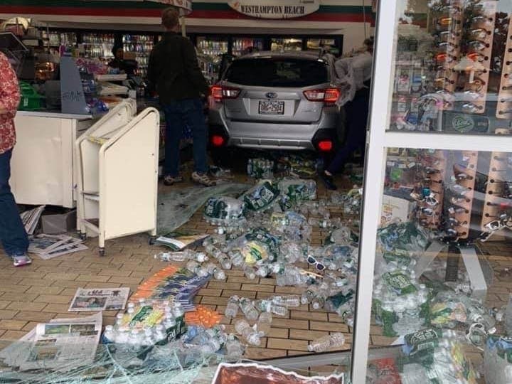 A car drove right into a 7-Eleven in Westhampton Beach Friday.