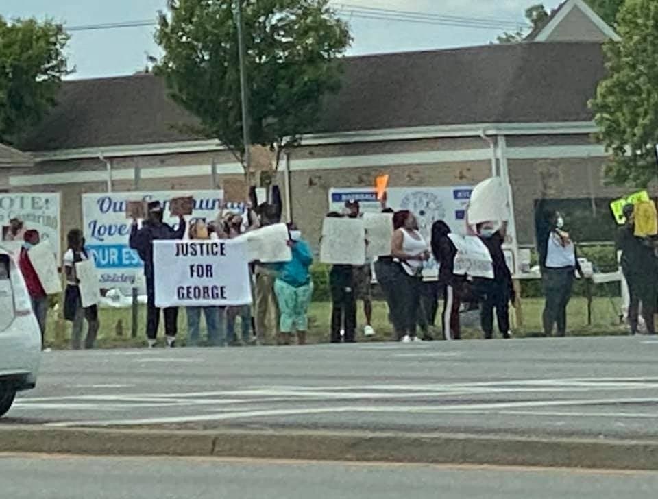 Protesters in Shirley condemning the police killing of George Floyd.