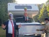 A Trump imitator at a protest in Southampton Saturday.