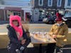 Costumes were worn by those enjoying outdoor dining.