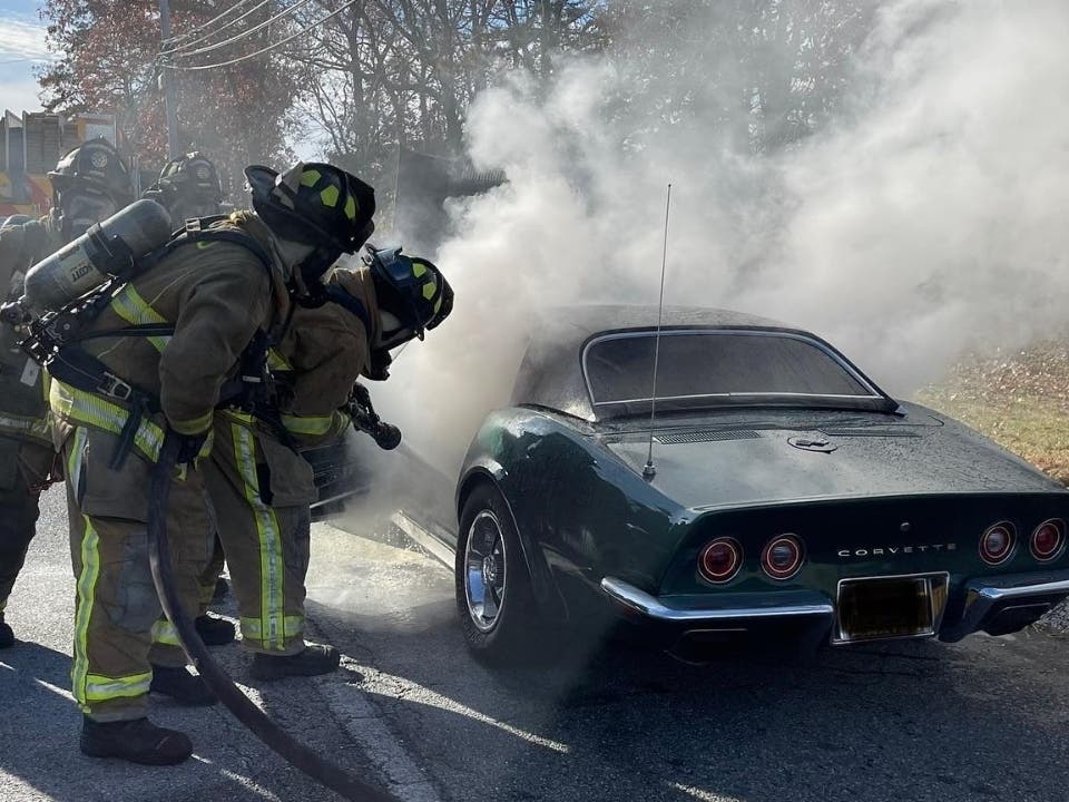 A Corvette was on fire in Hampton Bays Sunday, officials said.