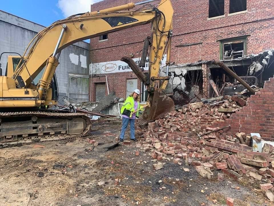 Rivehead Town Supervisor Yvette Aguiar at the demolition of the former Swezey's department store in October, to make way for the new Town Square.