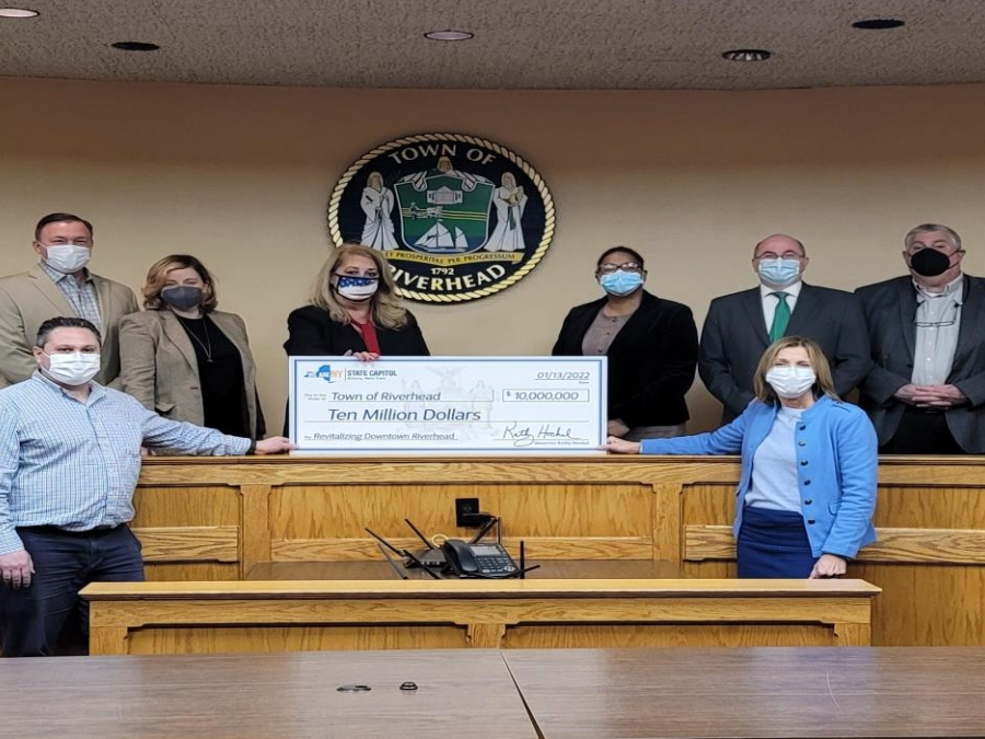 The "big check" was meant to celebrate a $10 million revitalization grant awarded to Riverhead by New York State recently.
