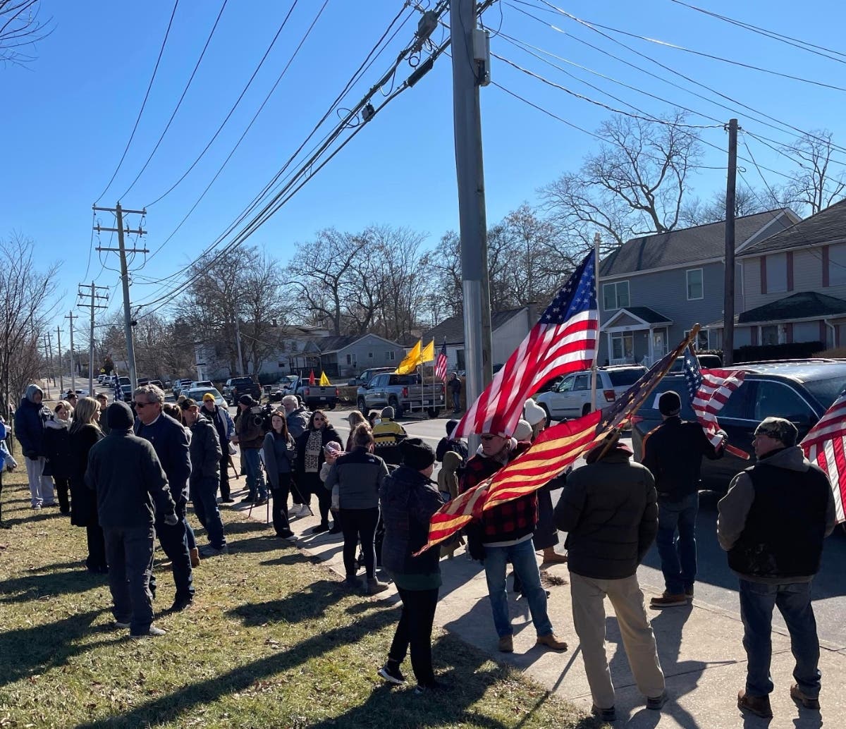 Parents and community members at an anti-mask rally outside Riverhead High School Thursday.