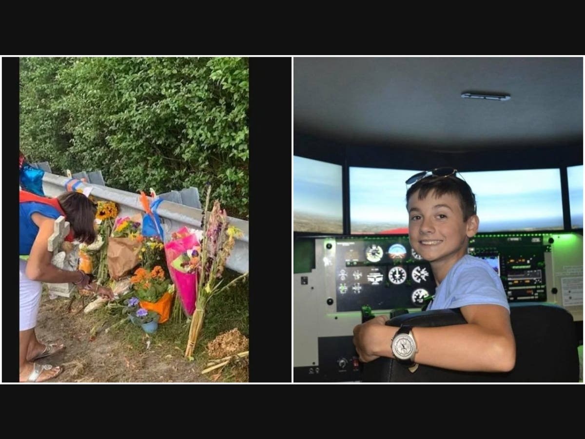 Nina Kiess near a memorial for her son in Quogue; Andrew McMorris before he was hit and killed by a drunk driver in 2018.
