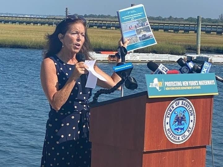 Adrienne Esposito, executive director of Citizens Campaign for the Environment, discussing the 2022 Long Island South Shore Estuary Reserve comprehensive management plan at an event Monday.