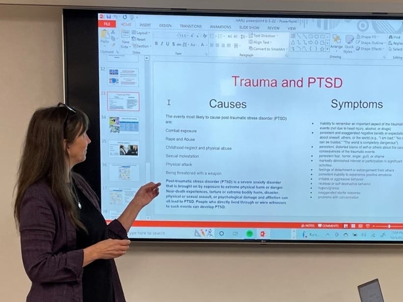 Pamela Greinke, founder and executive director of Hope and Resilience Long Island, at a presentation about domestic violence in Mattituck Monday.