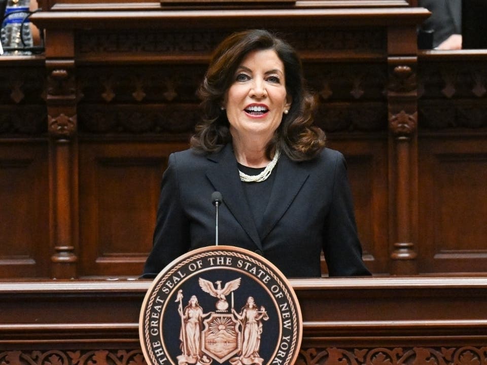 
New York Gov. Kathy Hochul delivers her State of the State address in the Assembly Chamber at the state Capitol, Tuesday, Jan. 10, 2023, in Albany, NY.
