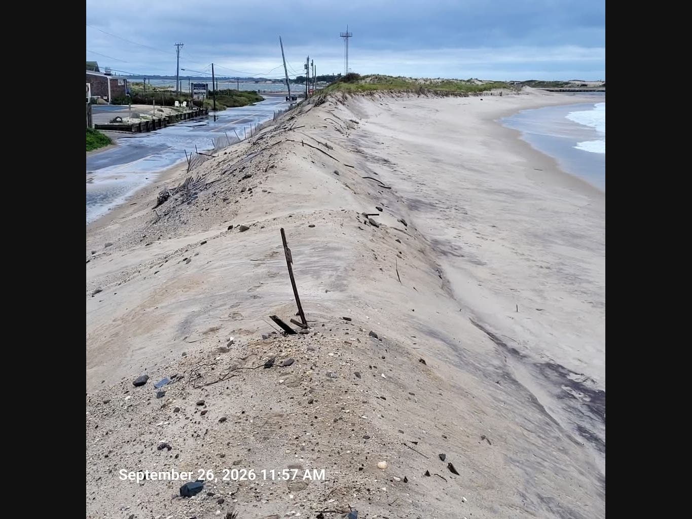 A photo taken Saturday afternoon on the west side of Shinnecock Inlet after the first high tide passed and town officials began to assess damage, Ryan Murphy, public safety and emergency management administrator for Southampton Town, said.