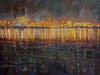 "Night Lights", oil, 36x48. Night Lights is Portsmouth Naval Shipyard reflection from Prescott Park. Many local Portsmouth scenes large to small.