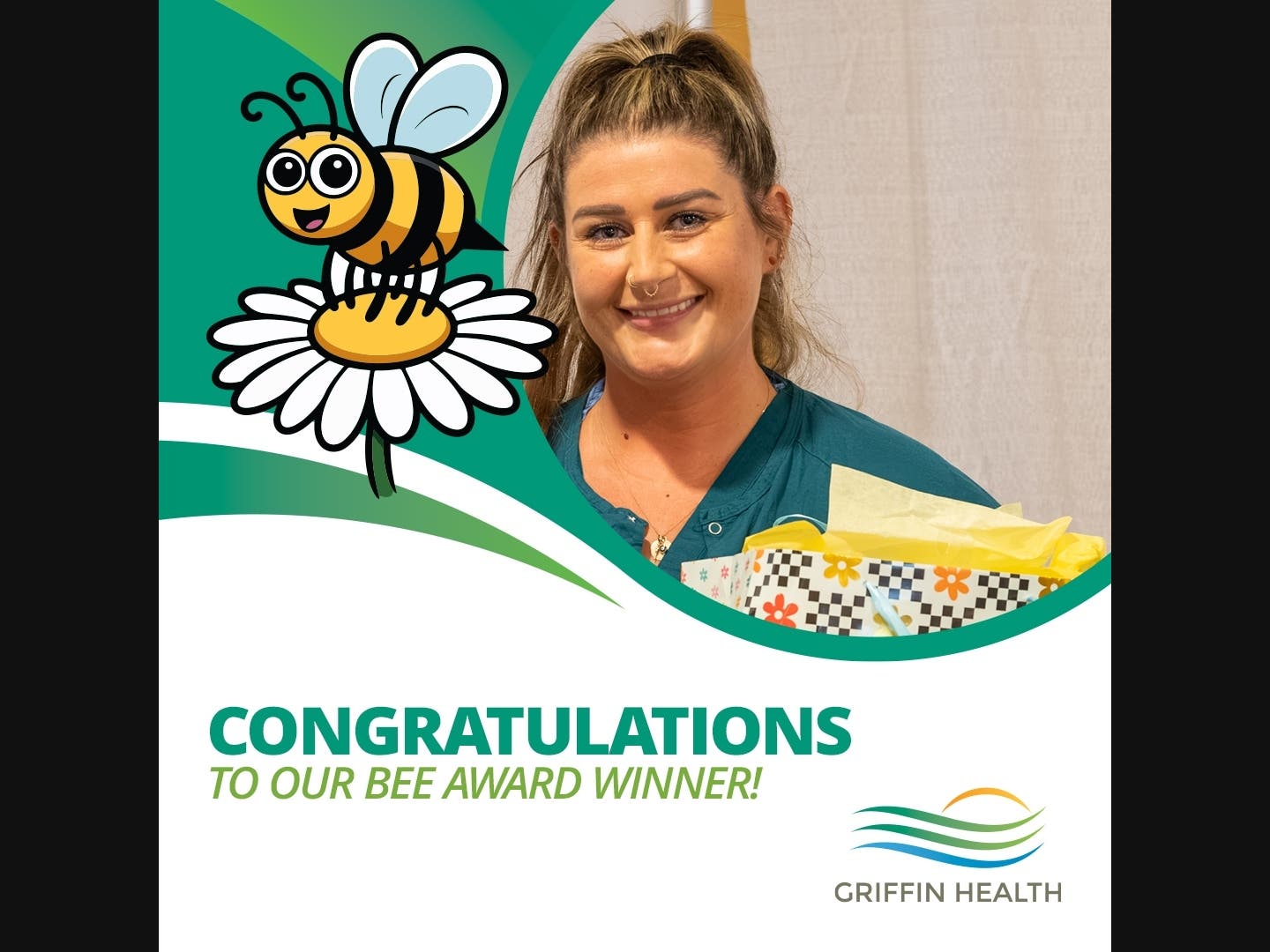 Griffin Health Certified Surgical Technician Lauren Atkinson, of Branford, recently received the Being Extraordinary Everyday (BEE) Award for nursing support caregivers.