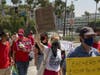 Members and supporters of UTLA, Reclaim Our Schools L.A. and L.A. Alliance for a New Economy march to the LAUSD headquarters in downtown Los Angeles on Monday, Aug. 3.