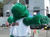 The Baysox mascot (Louie) opens his arms wide in encouragement for the Heroes Run participants.