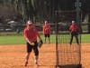 "Pitcher Pete" Calabrese here throwing behind a screen that protects the pitcher from hard hit line drives. An example of the safety measure that protects players. Safe age approiate softball in the mission of Three-Quarter Century Softball