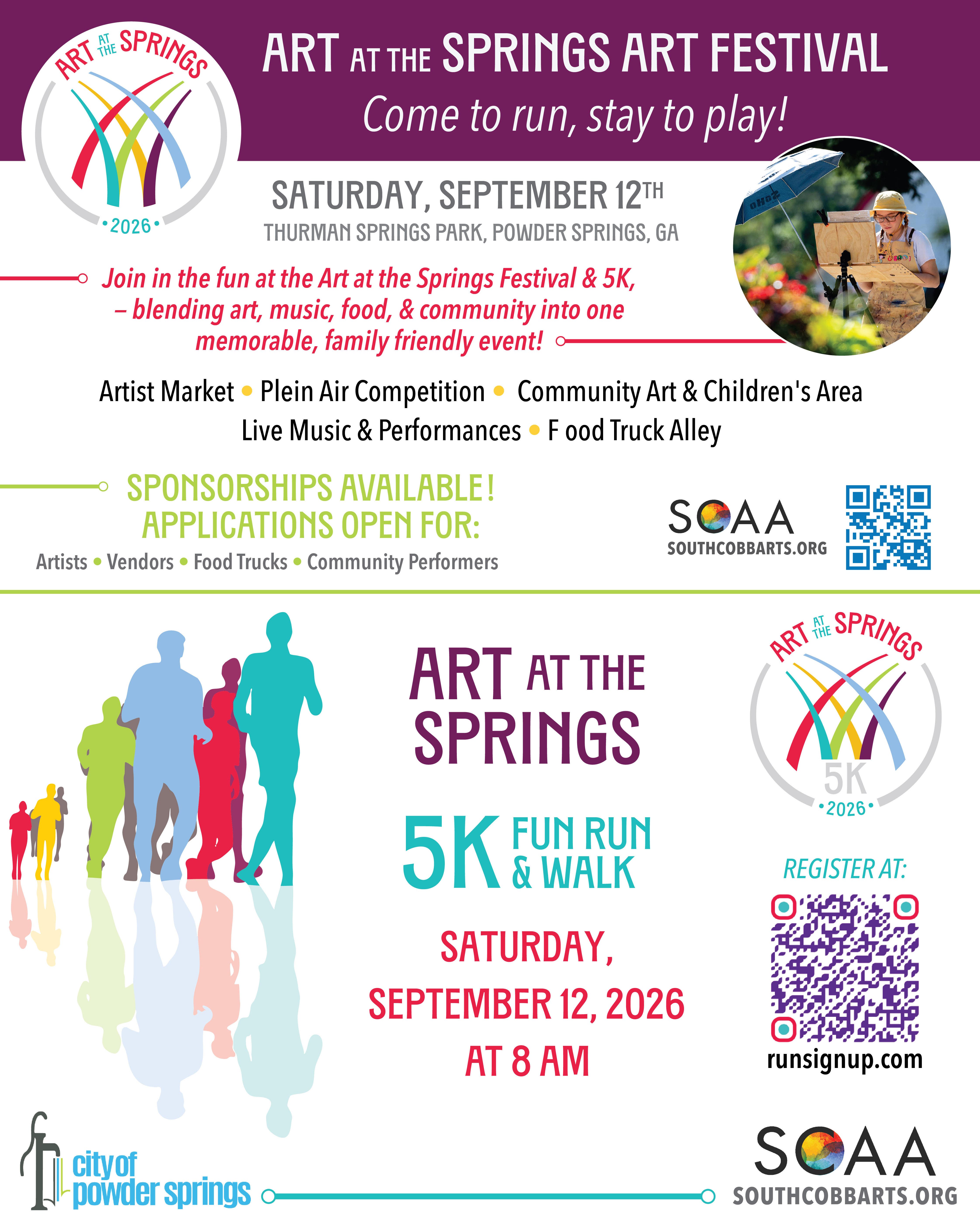 Art at the Springs: Calls for Artists, Vendors and 5K runners/walkers September 12 event