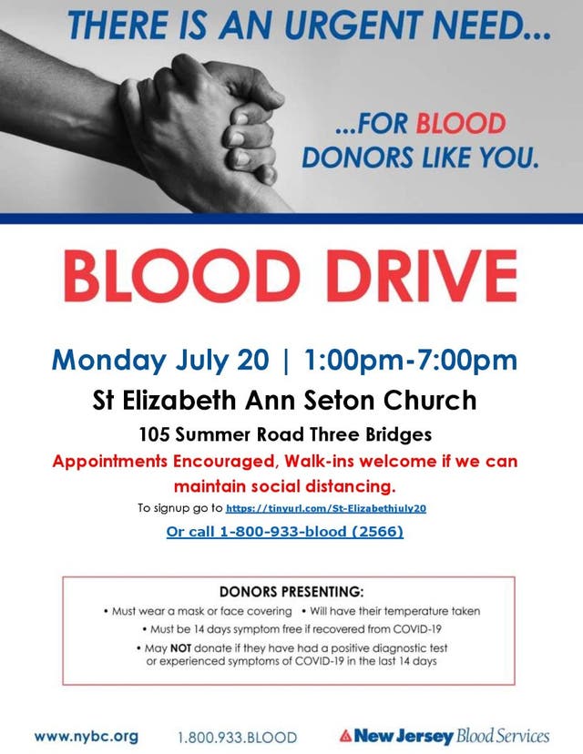 Jul 20 Three Bridges Blood Drive Urgent Need Appts Encouraged 