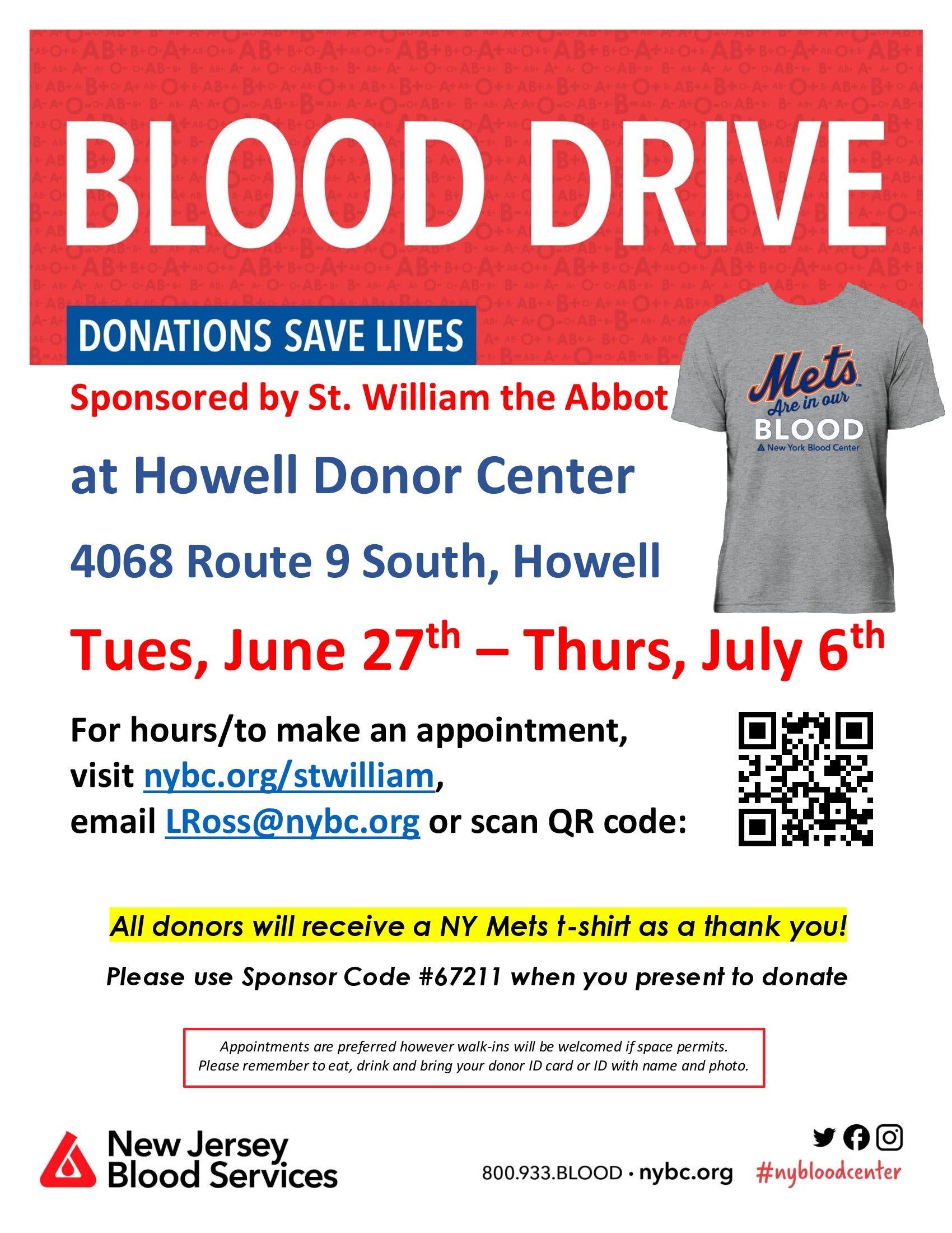 Jun 29 Howell Community Blood Drive NY Mets Shirt to Donors