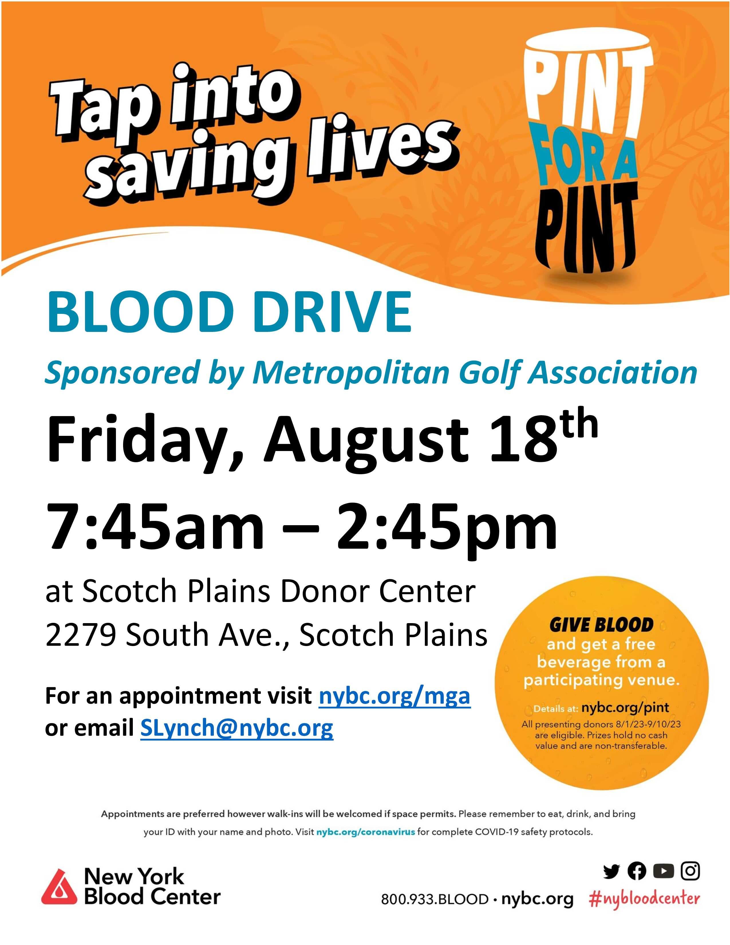 Aug 18 Scotch Plains Community Blood Drive Pint for a Pint