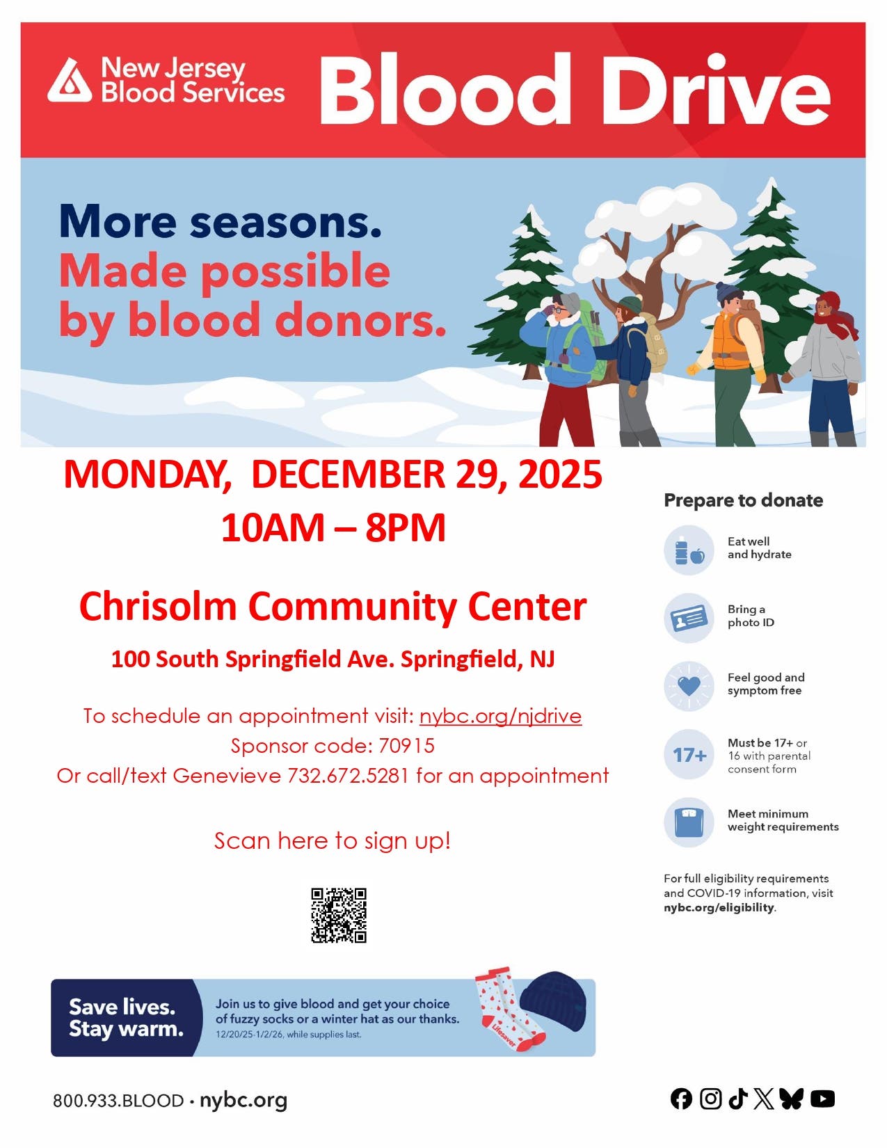 Springfield Community Blood Drive - Fuzzy Socks or Winter Hat for donors!