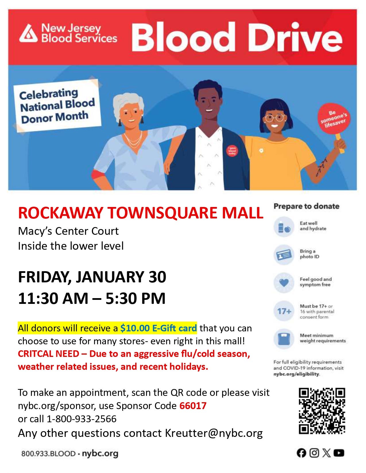 Rockaway Community Blood Drive - Emergency Blood Shortage! - $10 E-gift card for donors