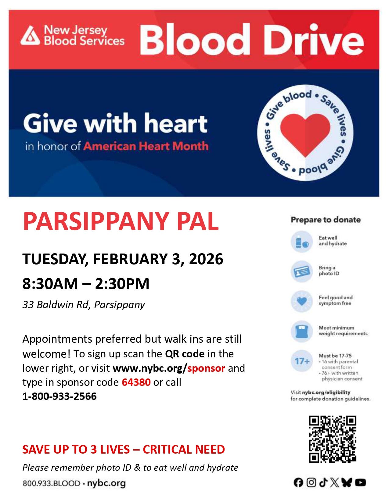 Parsippany American Heart Month Blood Drive - Emergency Shortage!