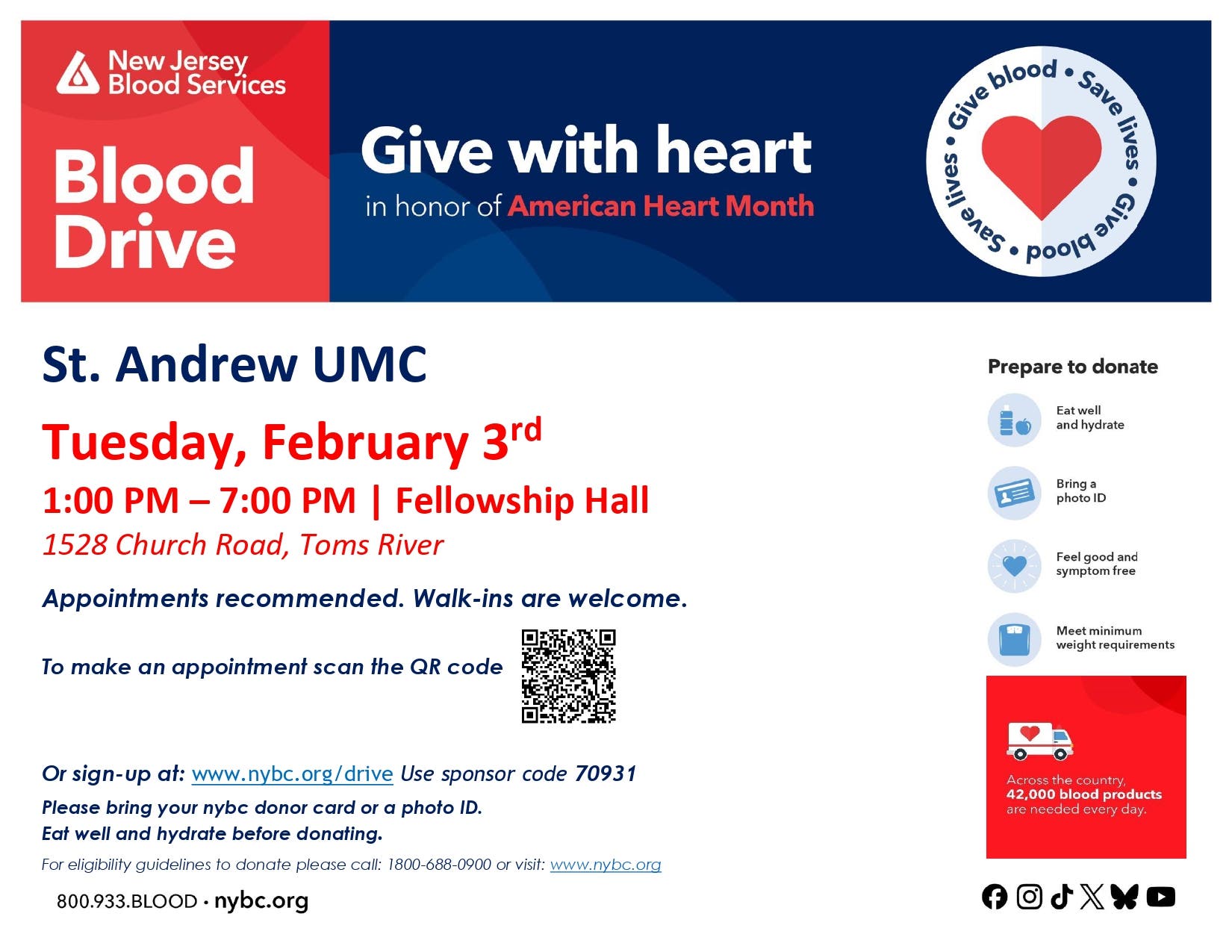 Toms River American Heart Month Blood Drive - Emergency Shortage!