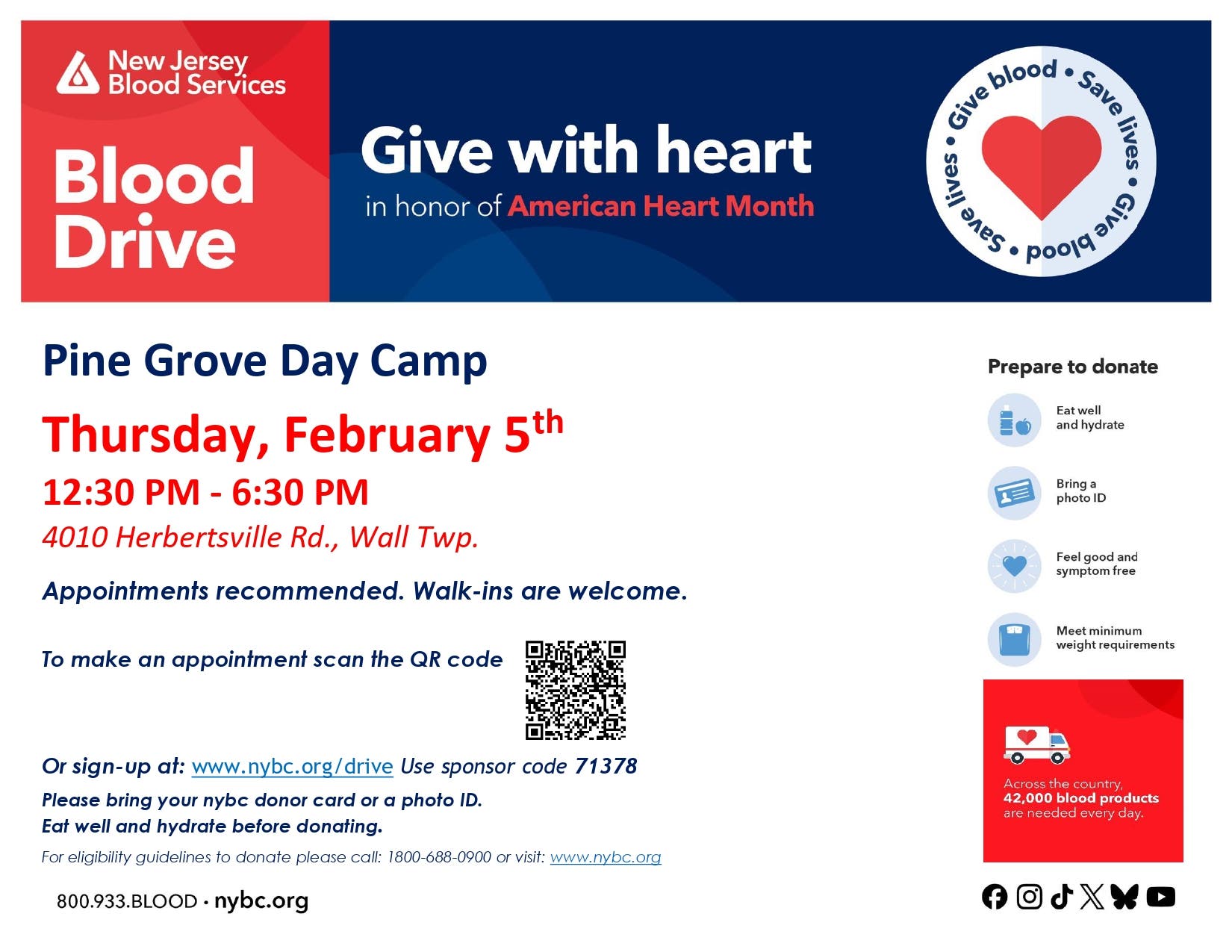 Wall American Heart Month Blood Drive - Emergency Shortage!