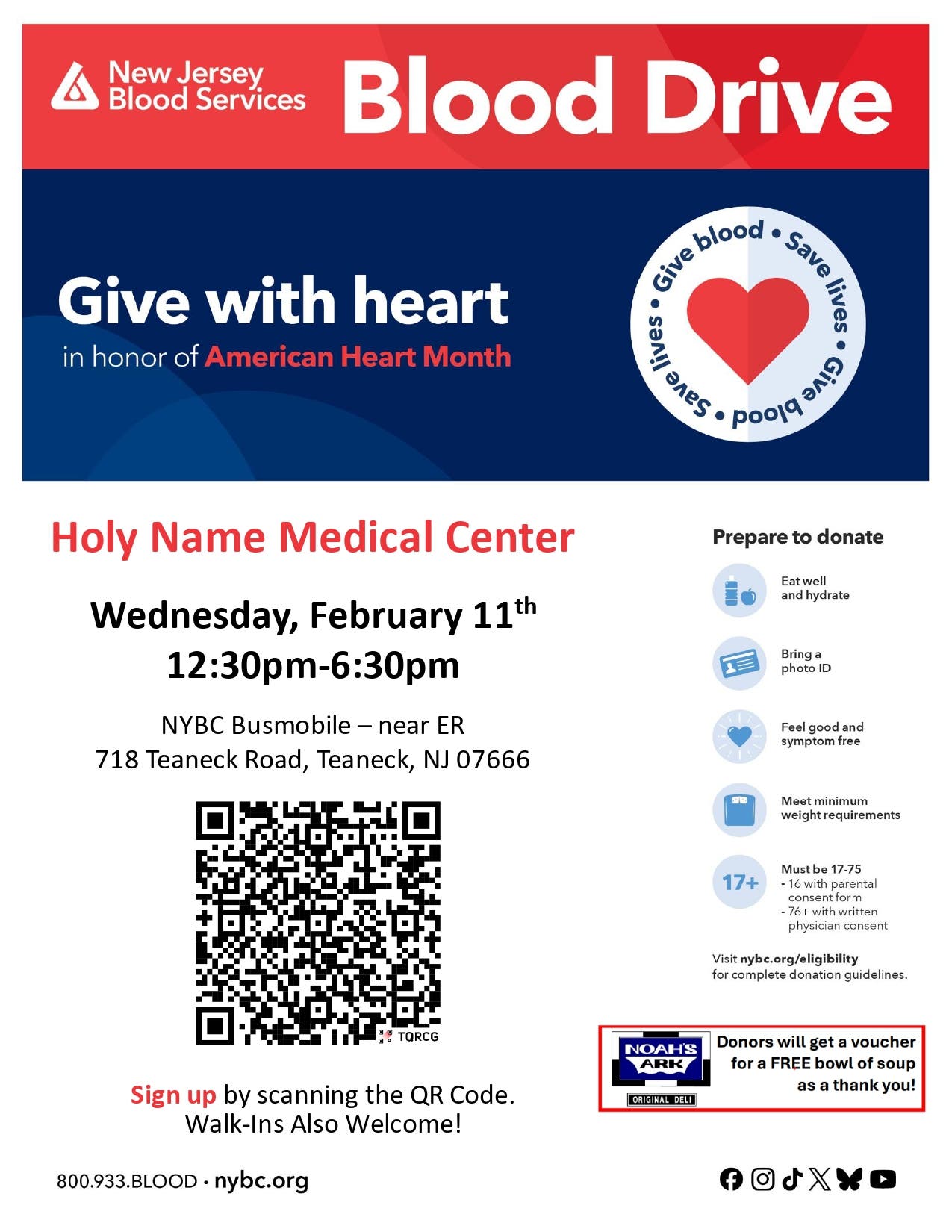 Teaneck American Heart Month Blood Drive - Noah's Ark Soup voucher for donors!