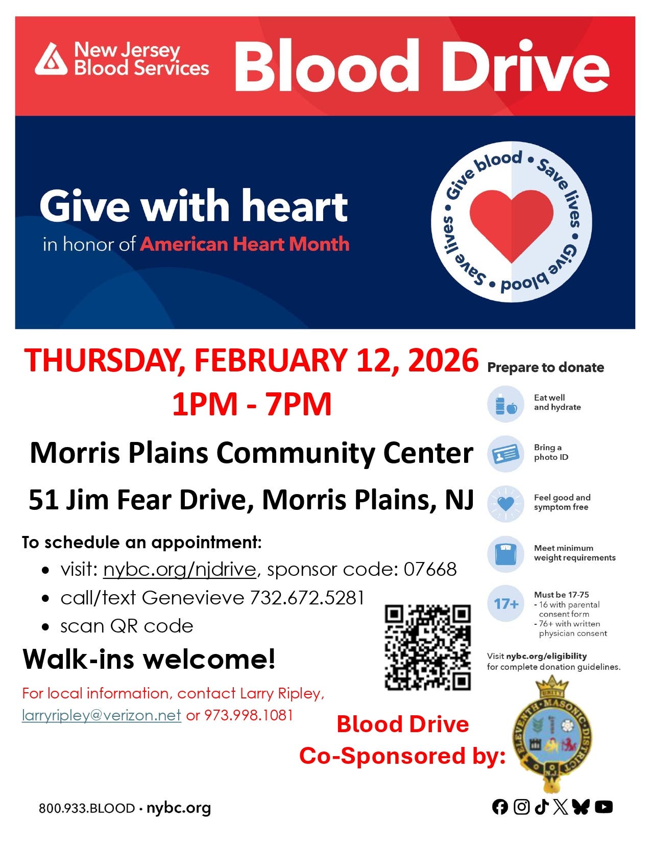 Morris Plains American Heart Month Blood Drive - Emergency Shortage!