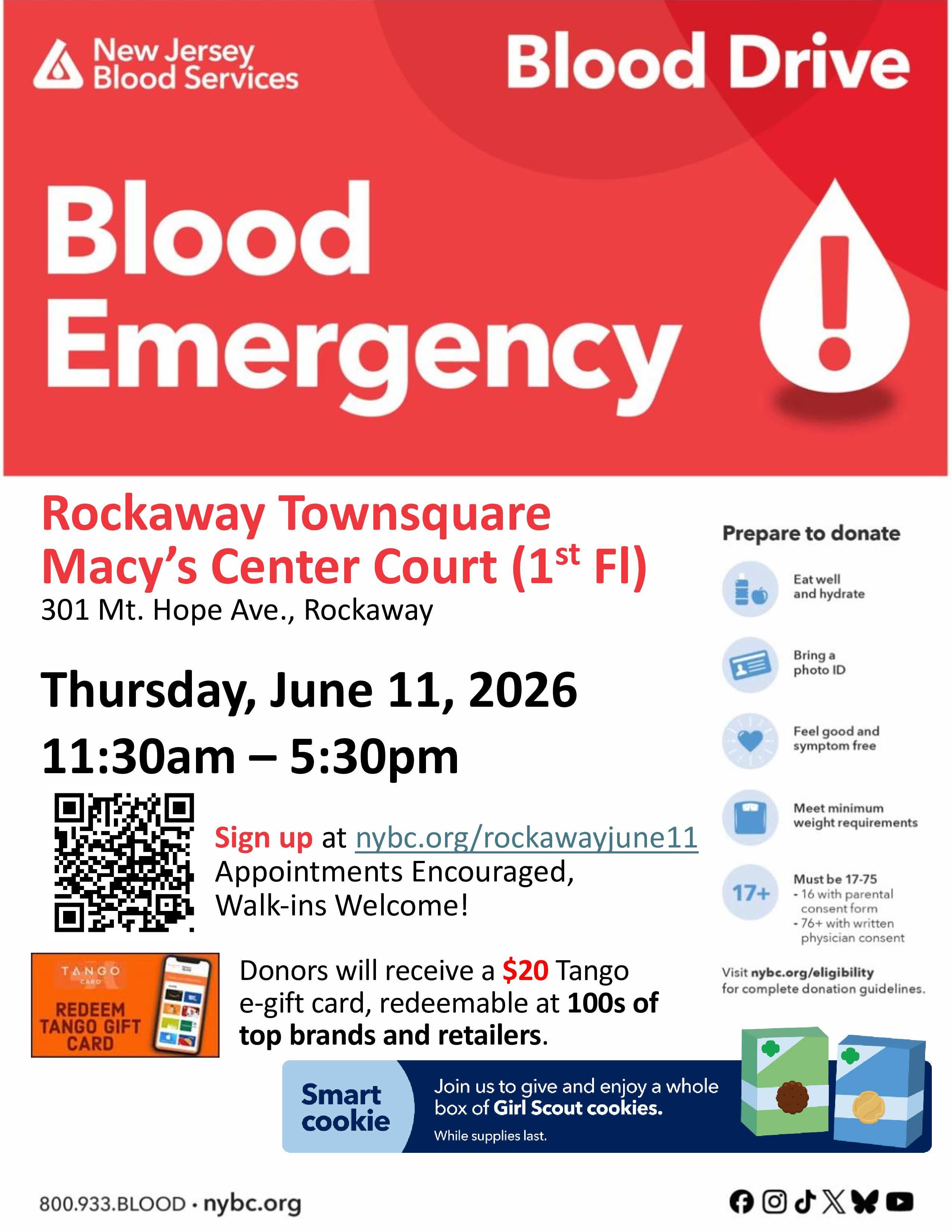 Rockaway Townsquare Emergency Blood Drive - $20 Gift Card for donors!